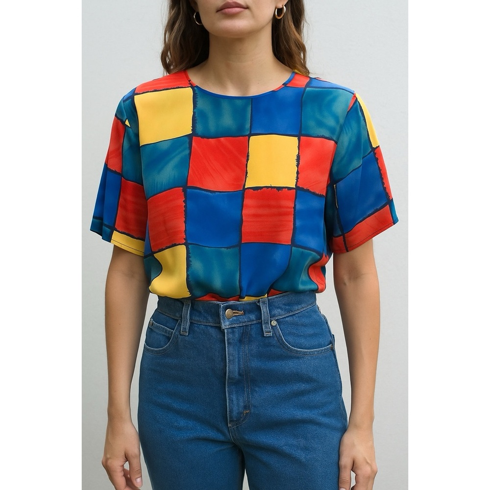 Milano | VTG Retro Patchwork Check Pattern Primary Colorway Lightweight Blouse